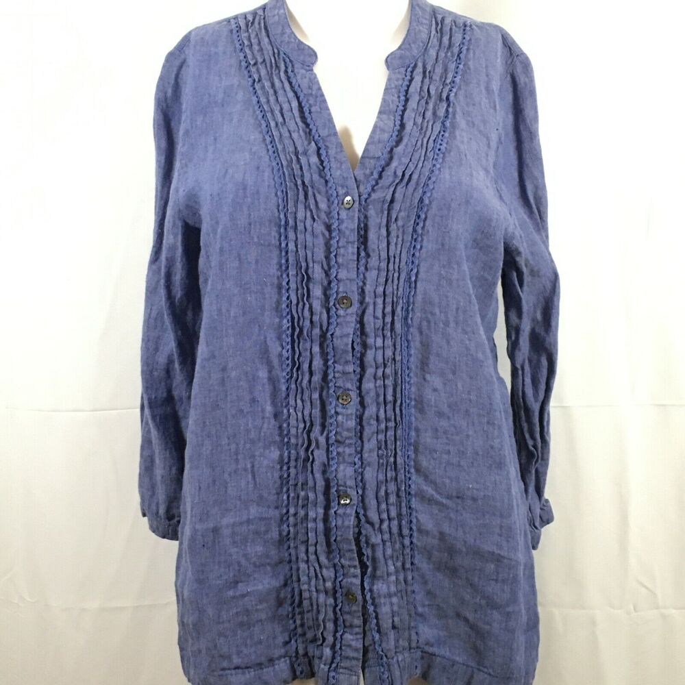 Lands End Shirt Womens S 6 8 Blue Linen Ruffle Front V-Neck Button Up